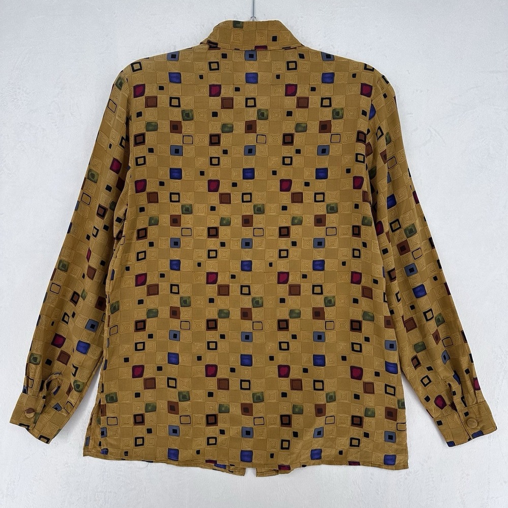 Vintage Jessie June Button Up Blouse Womens M‎ 100% Silk Gold Geometric Print - Picture 5 of 10